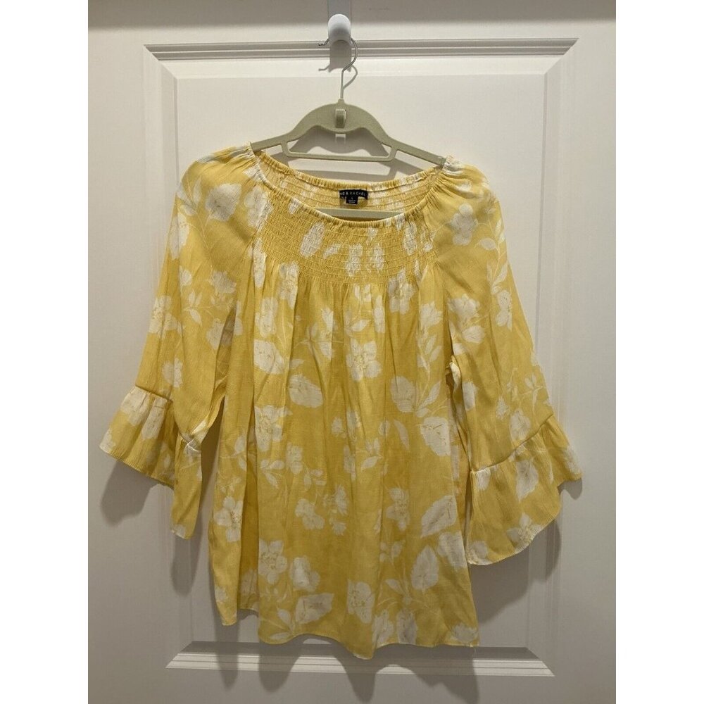 Zac & Rachel Peasant Top Large Yellow White Floral Print